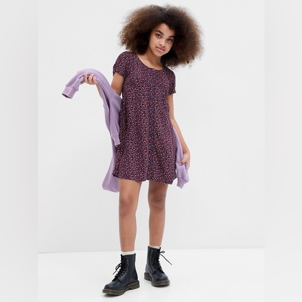Gap Kids Girls Button-Front Purple Floral Short-Sleeve Swing Dress Large(10)